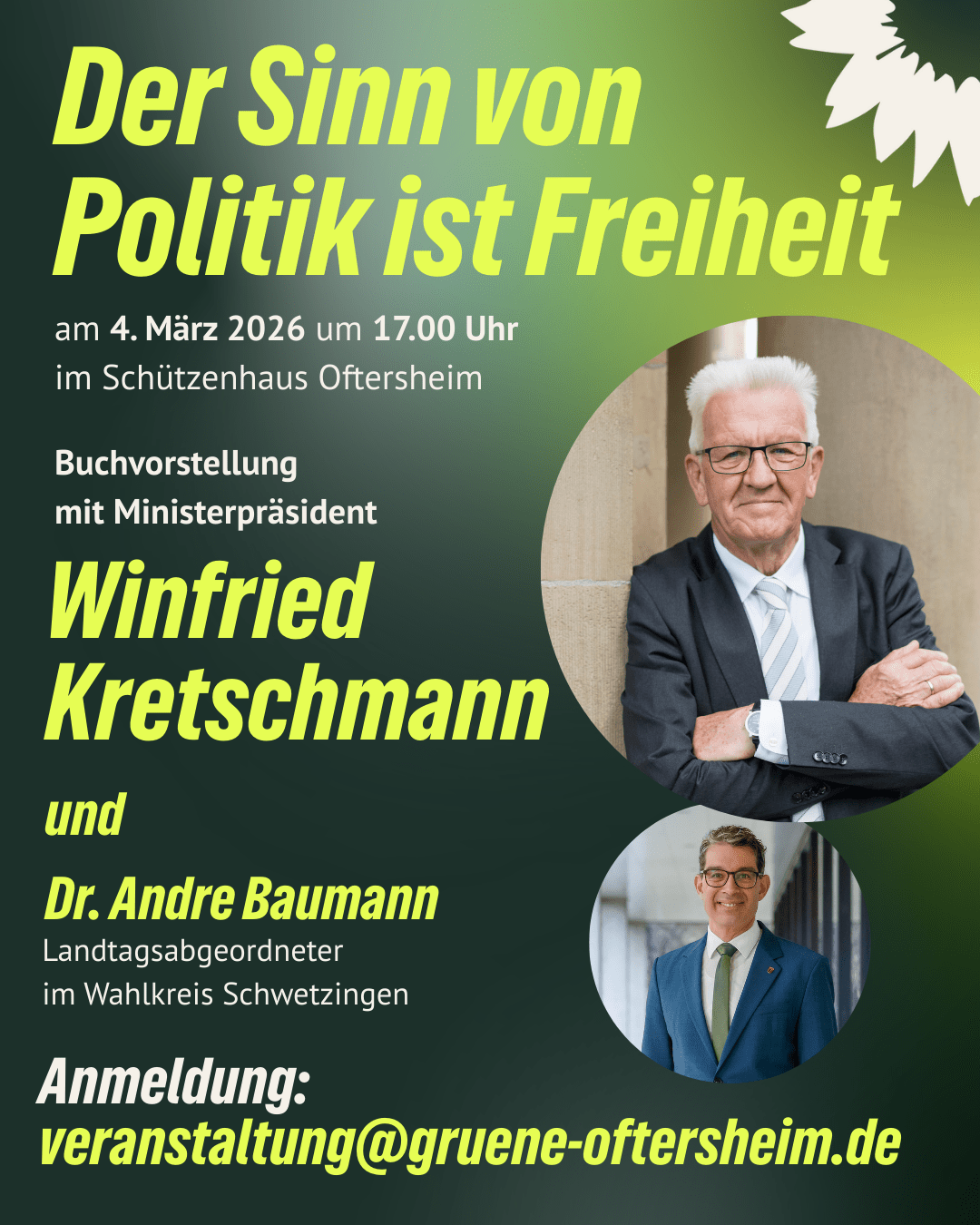 Der Sinn von Politik ist Freiheit - Buchvorstellung mit Winfried Kretschmann und Dr. Andre Baumann